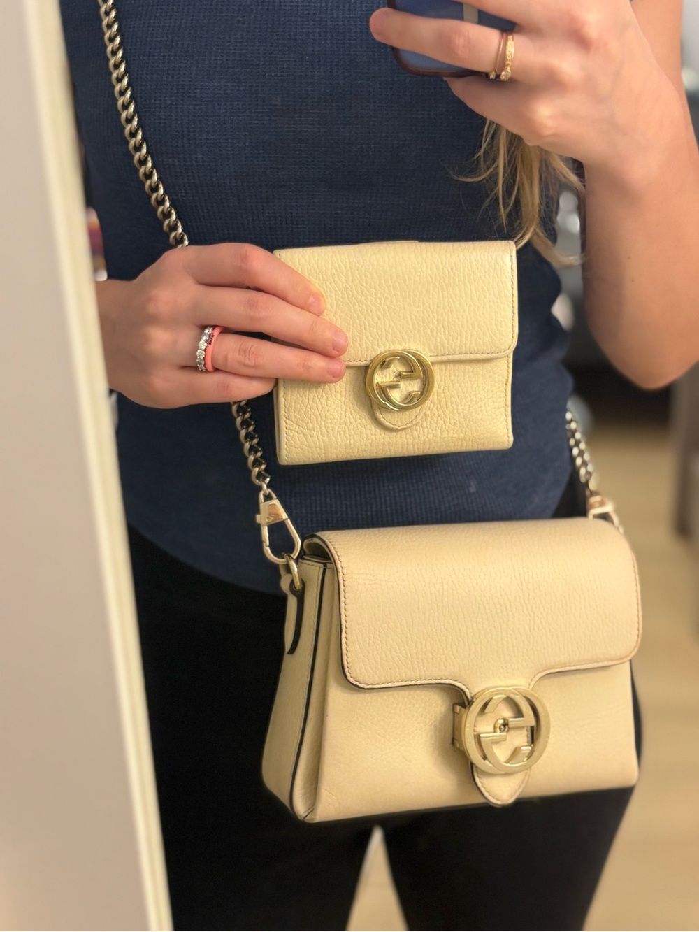 Gucci Cream Leather Mini Shoulder Bag and Card Wallet with interlocking Gold GG